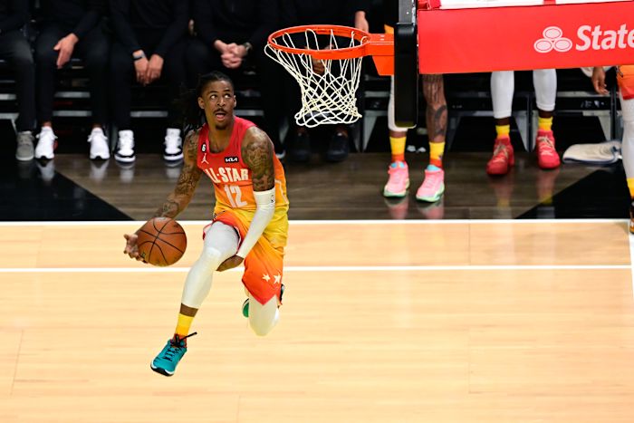 Ja Morant dunks the ball in the 2023 NBA All-Star Game.